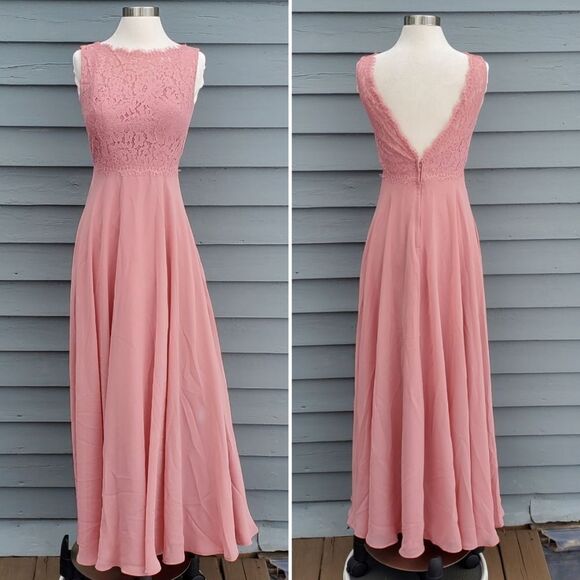Christina Wu 22813 Blush Pink Lace Chiffon Bridesmaid Prom Formal Maxi Gown 4 - Picture 1 of 9